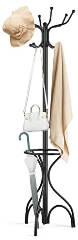 CASART Hat Coat Rack, Free-Standing Coat Stand Hanger with 12 Hooks, Home Office Umbrella Stand Hall Tree for Hallway Bedroom Living Room (Black, With Umbrella Holder)