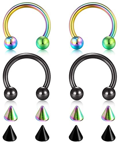 Aotiwe 4 Stück Septum Ring Dünn, Septum Ring Edelstahl Halbkreis mit Runden Enden und Kegelersatz Buntes Schwarz 1,2 X 12 X 4 mm