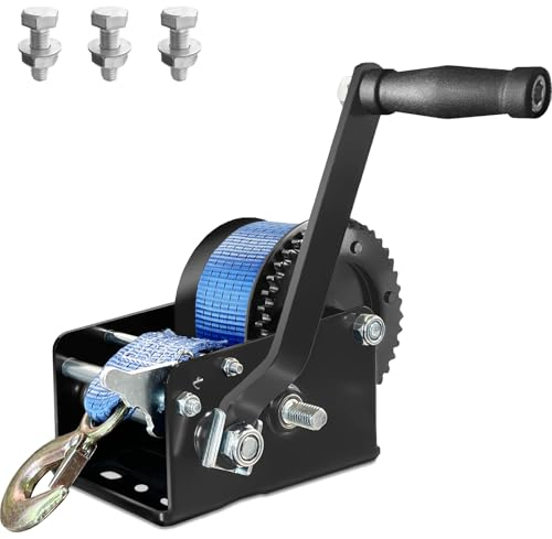 AKRIXKIP Boots-Anhänger-Seilwinde 1,451,5 kg Handwinde mit 10 m blauem Gurt, 4:1/8:1 Gang Handseilwinde mit Haken, 2-Wege-Ratsche, manuelle Seilwinde für Jetski, Boot, Abschlepprolle, Zugwinde