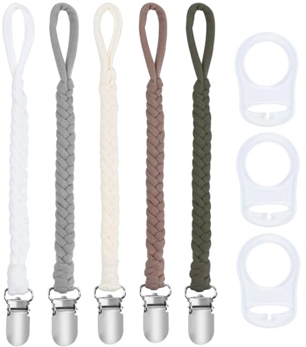 ABirdon Schnullerkette Baby,5 Stück Schnullerketten Clips mit 3 Stück Silikonring, passend für alle Schnullerkette, Babyzähne, Lätzchen, Dreieckstuch, Sauger