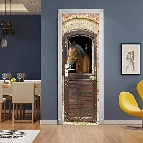 Mural De Puerta 3D Para Decoración Interior Del Hogar Pluma Animal Caballo 77 X 200 Cm Pegatinas De Puerta, Póster, Papel Tapiz Para Sala De Estar, Dormitorio, Baño, Oficina, Pegatinas De Puerta De A