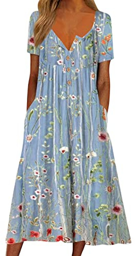 Sommerkleider Damen Kurzarm mit Blumen A Linie Sexy Blusenkleid Boho Kleid Elegant Große Größen Maxi Schick Sommerkleid Strandkleid Leicht Luftig Lang Curvy Festlich Freizeitkleid Maxikleid