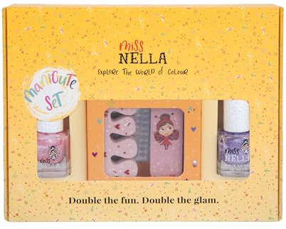 Miss Nella Glitter MANICUTE- kids nail kit + 2 Miss Nella peel off polish, nail stickers, tattoos, nail filer & toe separators- all designed foe children hands & toes