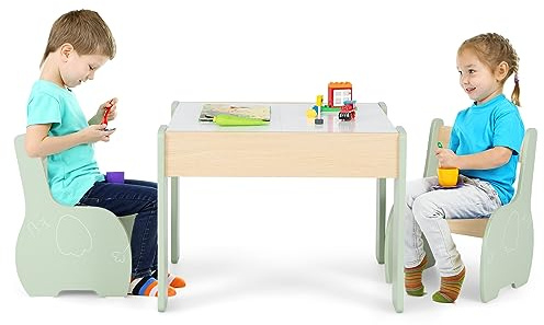 COSTWAY 3 in 1 Set Tavolo e Sedie per Bambini a Tema di Elefante Verde