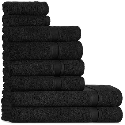 Juego de toallas Tuiste Negro | 100% algodón | Juego de 8 piezas | 2 toallas de baño (70x140), 4 toallas de mano (50x90), 2 toallas para invitados (30x50) | Suave y absorbente | Color: Negro