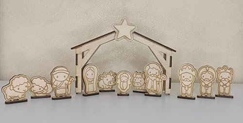 Presepe stilizzato in legno da montare e colorare, gioco creativo per bambini