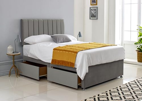 ComfoRest 6FT Super King Size Bed with Mattress Included with storage drawers (x2) – Grey divan base and 24 inch Stripe headboard – orthopaedic, medium-firm 6FT mattress, UK made