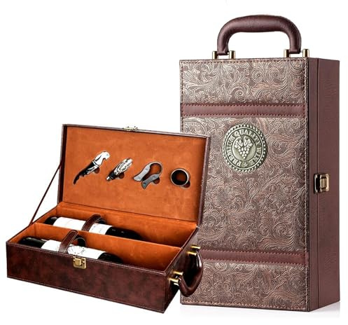 Caja para Botella de Vino con Accesorios para vino de 4 piezas Estuche portador de vino para 2 Botellas para Bodas Aniversarios Fiestas Viajes 35x20x12 cm