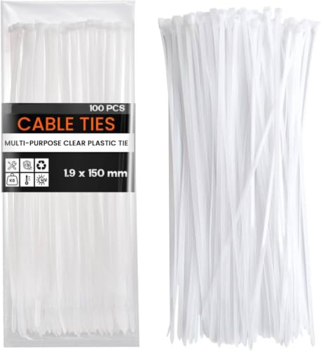 DC VOLTAGE White Pack of 100 Cable Ties 1.9mm x 150mm Clear Nylon Zip Ties Secure Tensile Strength Multi-Purpose Plastic Tie Wraps Secure Self-Locking Mechanism for Home Garden Office and DIY