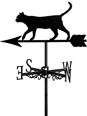 ANCNA-U Metal Weather Vane for Garden Stake Yard Roof Farmhouse Decorative Weathervanes with Black Cat Ornament Wind Vane,Measuring Tool Mount Easy Use,Cat~E