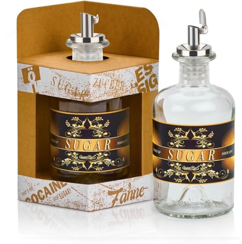 Geniess-Bar! Zuckerstreuer aus Glas SUGAR mit Geschenkbox u. Edelstahl Ausgiesser Gold auf Schwarz