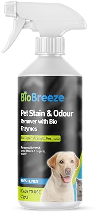 BioBreeze Pet Stain and Odour Neutraliser Spray - Carpet Cleaner and Upholstery Cleaner with Bio Enzymes - Effective Cleaning Products for Dogs and Cats - Fresh Linen Scent, 500ml