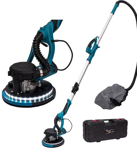 KATSU Tools Levigatrice Elettrica per Cartongesso 800W con Manico Telescopico Pieghevole, Aspirazione Automatica della Polvere, Luce LED, Velocità Variabile, Dischi Abrasivi 225mm, in Valigetta
