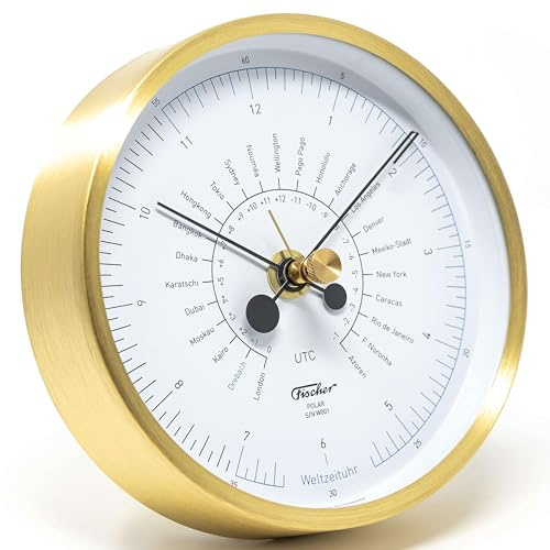 Fischer 1608W-45 POLAR Weltzeituhr - Quarz-Wanduhr mit Messing-Gehäuse 133mm - Design by Mark Braun, Made in Germany