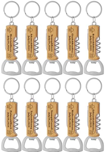 10Pezzi Apribottiglie in legno personalizzato, regalo per il testimone di nozze, regalo inciso per il padre, il nonno, il barista, motivi e testo personalizzati.Multifunzionale.