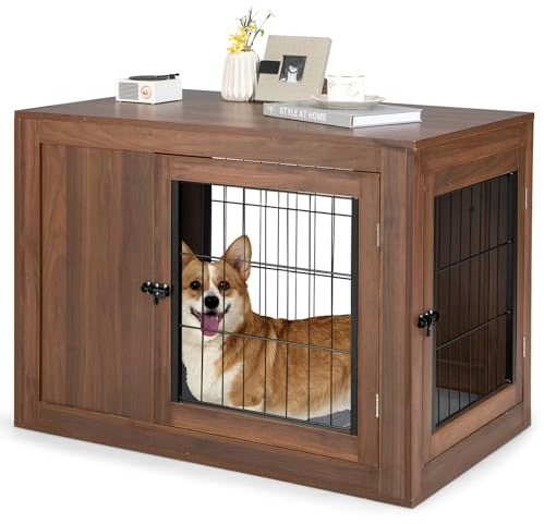 GOPLUS Hundekäfig aus Holz, Moderne Hundehütte mit weiches Hundebett & 2 abschließbare Metalltüren, Stabiler Tierkäfig mit großer Tischplatte, für kleine & mittelgroße Hunde, 92x59x66,5cm