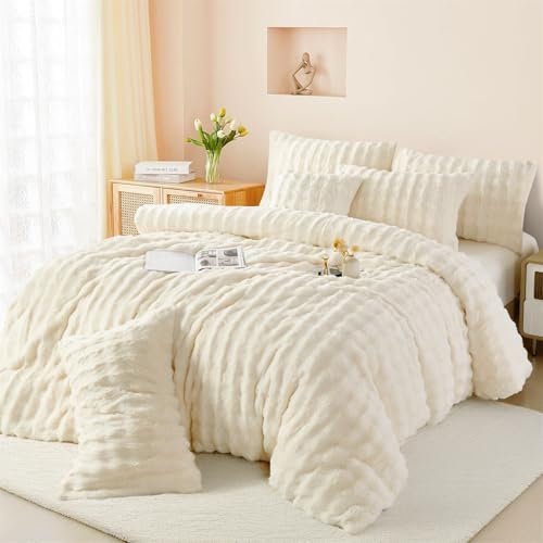 Boqingzhu Plüsch Bettwäsche 200x220cm Creme Weiß Kuschelig Flauschig Warm Winter Flanell Fleece Bettwäsche Set Kaninchen Kunstfell Bettbezug mit Reißverschluss und Kissenbezug 80x80cm