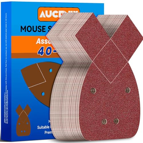 Aucenix 60Pcs Mouse Sander Pads: Detail Sanding Pads for Mouse Sander with 40/60/80/120/180/240 Mixed Grits - 4 Holes Sandpaper Sheets with Extra 2 Tips for Replacement for Black and Decker Palm
