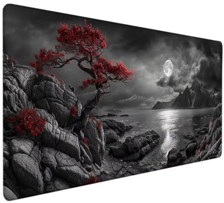 BEIJUYHU Mauspad XXL, Gaming Mauspad 700x300x3 mm, Großes Mauspad mit Genähten Kanten, rutschfeste Desk Mat, Verlängertes großes Mauspad Schreibtischauflage für Büro und Zuhause Vollmond See 0-4