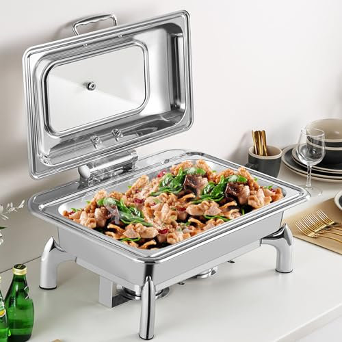 FLNOZAMZ Chafing Dish Buffet Set, Stainless Steel Visual Flip-top Buffet Stove, Electric Heating, Adjustable Temperature, for Event Catering Banquet (double liner)