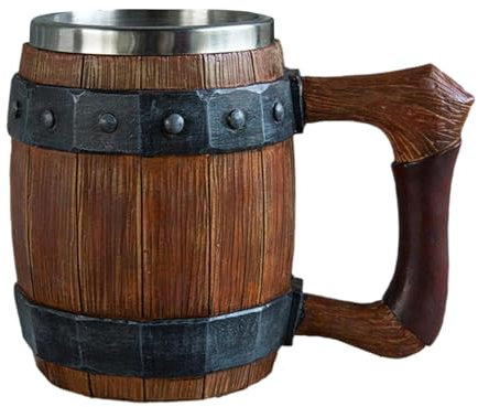 Barrel Beer Cup - Tazza in resina in acciaio inox antica fatta a mano | Tazza da birra in barile con manico, boccale da birra in acciaio inossidabile imitazione legno, boccale da birra in resina fa