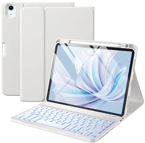 Vobafe Hülle mit Tastatur für iPad Air 11 Zoll M4 2026/M3 2025/M2 2024, iPad Air 5 4 2022 2020 10,9, 7 Farben Beleuchtete mit Abnehmbare Tastatur,TPU Rückschale mit Stifthalter,QWERTZ, Grau