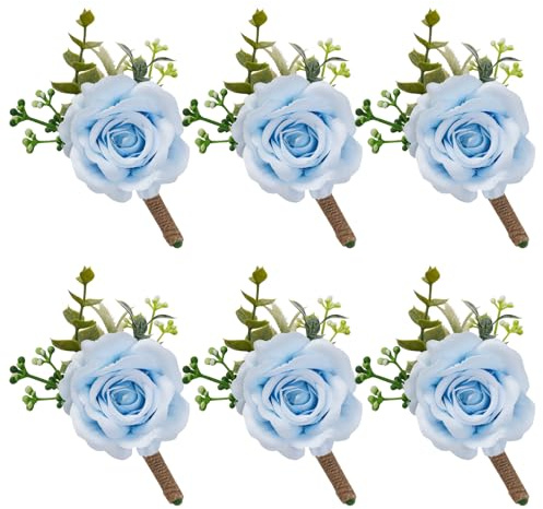 Gvhntk Ansteckblume mit blauen Rosen für Herren, Hochzeits-Set, 6 Stück, Bräutigam, Trauzeugen, Trauzeugen, künstliche Blumen, Ansteckblume für Hochzeitszeremonie, Jahrestag, Abschlussball, Blumen