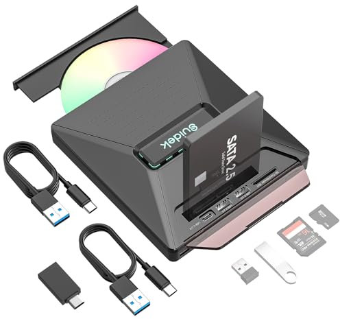 SUIDEK Unità CD/DVD esterna, Unità gravmatrice CD/DVD portatile USB C 7 in 1 per laptop con supporto SATA 2.5, Lettore di schede SD/Micro SD, Lettore CD/DVD per Windows, Linux, Vista, iMac, MacBook