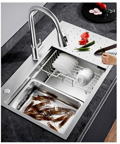 80x50cm Lavello Cucina In Acciaio Inox 304, Grande Lavandino Cucina, Con Cestello Scolapiatti, Vaschetta, Tagliere, filtro a Cestello, Sifone e Set di Drenaggio, 1 Vasca Lavabo Cucina, da Appoggio