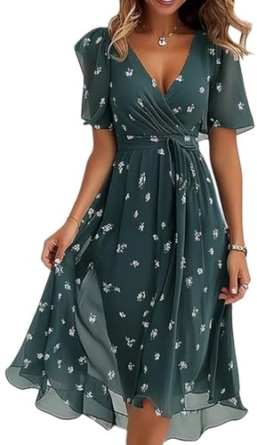 Onsoyours Femme Été Robe en Mousseline Col en V Élégant Au Genou Cocktail Soirée Robes Manches Courtes À Fleur Imprimé Mariage Invités Festival Dress A Ligne Loisirs Jupe A02 Vert M