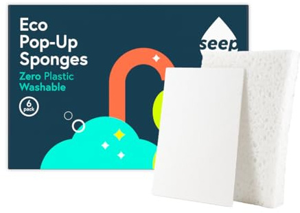 Seep Pop-up Eco Cleaning Sponges - For Kitchen Bathroom Dishwashing Washing Up - Plastic Free - 100% Natural Cellulose - Compostable - 6 Pack