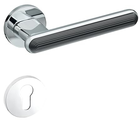 Gavroche Türgriffe Silber Chrom Schwarz Set PZ Profilzylinder | Türklinken Innentüren, Drückergarnitur Zimmertür mit runder Rosettengarnitur aus Zink Türbeschlag in L-Form & strukturierter Oberfläche