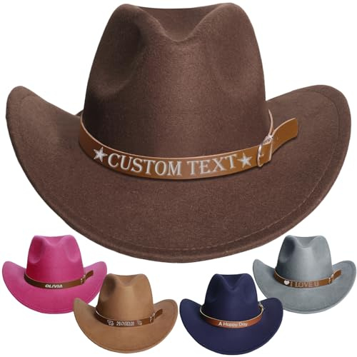 Individuelle Cowboyhüte für Männer und Frauen, personalisierter Cowgirl-Hut mit Namen, individuelles Geschenk für Kinder, Westernhut aus Wildleder mit Lederhutband, braun, M/L