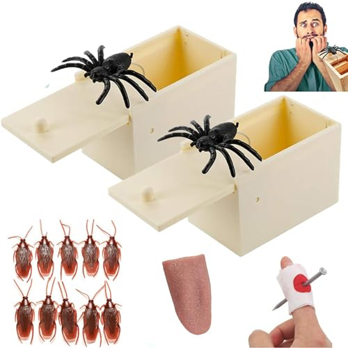 WZBBJuser Scherzo Ragno, Scatola Scherzo Ragno, Include Spider Box di Legno, Lingua Finta, Scarafaggio Finto, Unghie Scherzose, Scherzi Divertenti, Regali a Sorpresa per Bambini e Adulti