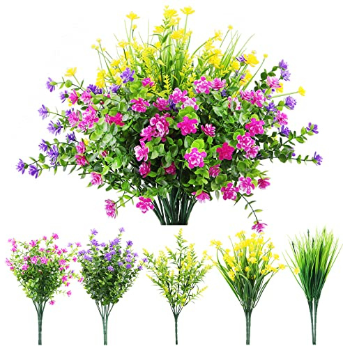 Artificial Flowers Outdoor, 9 Bundles of 5 Colors Plastic Fake Flowers, UV Resistant No Fade Faux Shrubs Plants for Patio Porch Garden Windows Box Home Wedding Farmhouse Hanging Decor Mixed Color