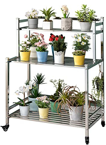 Outdoor Plant Stand - 3-Tier Heavy-Duty Stainless Steel Flower Pot Display Shelf - Corner Planter Holders for Garden & Greenhouse 80x48x99cm