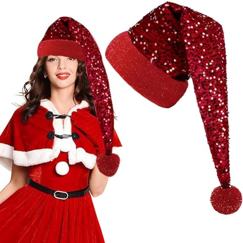JOKILY Lång julmössa, julmössa för vuxna, julmössor, tomtemössa, plyschbrätte jultomte jultomte mössa med gyllene paljetter för män och kvinnor, julfest