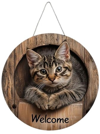 Panneau de bienvenue en bois pour porte d'entrée – Décoration plate 2D sur le thème des chats pour intérieur ou extérieur, café, salon, chambre à coucher, jardin, salle de classe