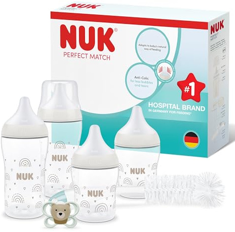 NUK Perfect Match Perfect Start Babyflaskor Set | 0-6 Månader | 4 x Anti-Kolik Matningsflaskor (150ml, 260ml), 1 x Perfect Match Luftnappar, 1 x Flaskborste | Regnbåge | 6 Stycken