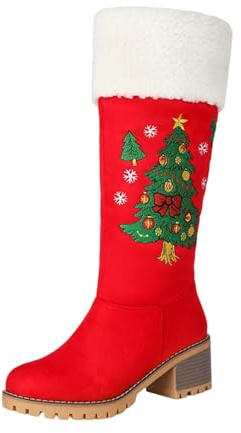 Générique Stivale di Natale da donna con stampa di albero di Natale stivali da neve da donna caldi con fodera in peluche stivaletti natalizi antiscivolo con tacco quadrato rosso con zip laterale