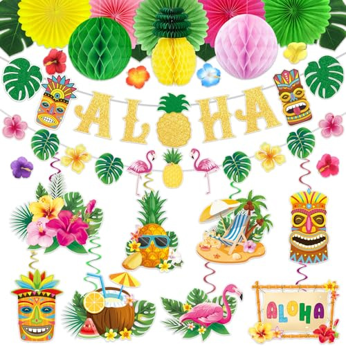 BlueCloudy Hawaii Party Deko Aloha Sommerparty Set für Beach Sommerparty | mit Aloha Banner, Papierfächerblumen, Wabenbälle, Künstliche Monstera Blätter, Spiralhängedeko für Poolparty Gartenparty