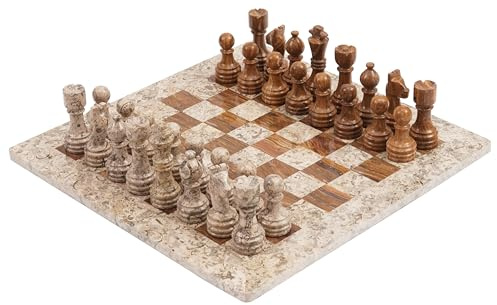 Radicaln 15 tums marmor schackspel, fossiliserad korall och mörkbrun, handgjord - schackspel för vuxna - resespel för 2 spelare - 1 schackbräde och 32 stycken