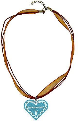 benobler Trachtenschmuck Trachtenkette Organzaband bronze mit Filz Herz Damen Dirndlkette Organzakette Oktoberfest Wunschaufdruck (Herz - türkis)