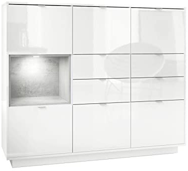Vladon Highboard Sideboard Metro V2, Made in Germany, Korpus in Weiß Hochglanz/Fronten in Weiß Hochglanz mit Einsatz in Beton Oxid Optik, inkl. LED Beleuchtung