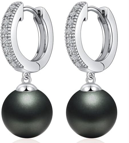 Jiamiaoi Pendientes Perlas Colgante De Plata 925, 10mm Perla Cultivadas Y Chapado En Oro Blanco De 18k Para Mujer Joyeria