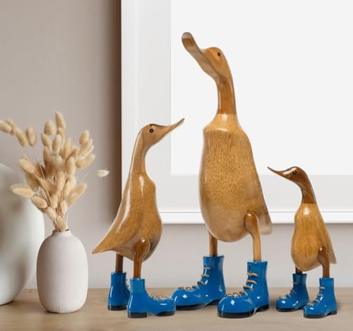Rikmani - Figura di legno Anatra Stivali Blu - Fatto a mano in legno Decorazione Regalo Figurina 32 cm