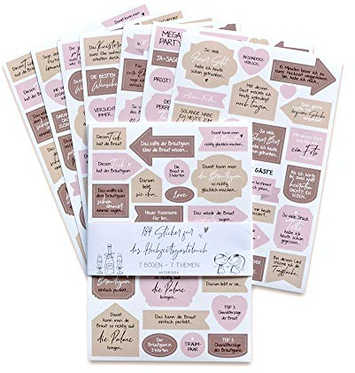 Feenstaub Sticker Hochzeits-Gästebuch 184 Sticker für Hochzeit, Aufkleber mit Fragen Sprüche Motiven; Hochzeitssticker, Hochzeitsaufkleber für das Gästebuch, 7 Stickerbögen, Scrapbook Hochzeit