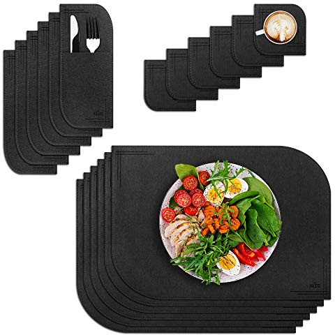 VILSTO Manteles Individuales de Fieltro 18 Piezas, Salvamanteles Individuales y Posavasos Originales, Tapetes ara Mesa, Mantel Antimanchas, Decoracion Mesa Comedor Hogar, Gris Oscuro