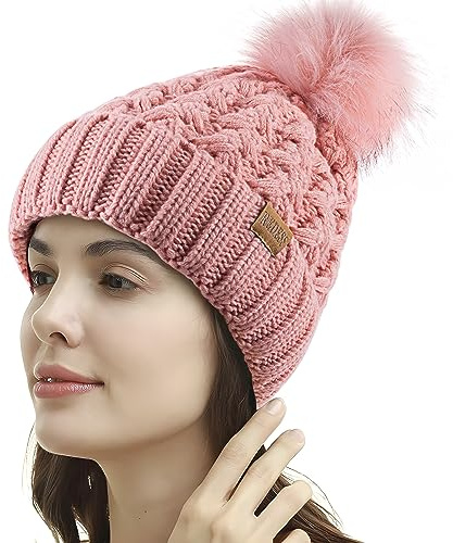 REDESS - Gorro de Invierno con pompón para Mujer, Gorros cálidos con Forro Polar, Gorro Cruzado de Punto de Nieve Holgado Grueso para Damas