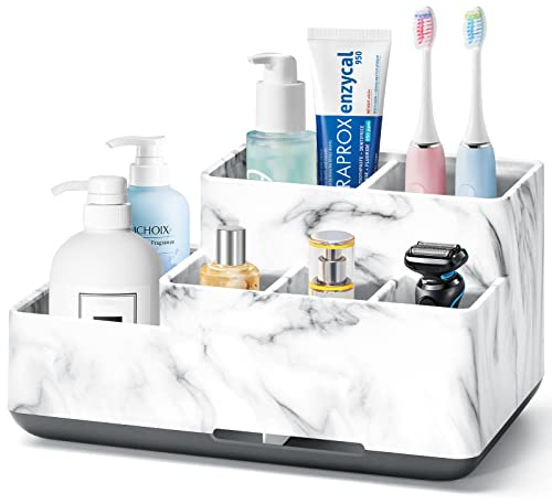 Toothbrush Holder, Detachable Non-Slip Electric Toothbrush Holder with 6 Compartments and Drainage Holes Bathroom Organiser for Bathroom, Kitchen, and Family (White Marble)